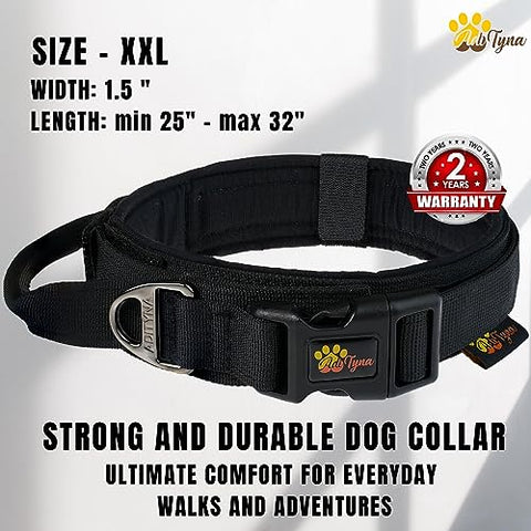 ADITYNA - Tactical XXL Dog Collar for Extra-Large Dogs - Soft Padded, Heavy Duty, Adjustable Big Dog Collar with Handle for Training and Walking (XXL: Fit 25-32" Neck, Black)