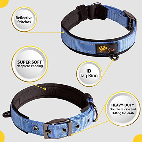 Adityna - Dog Collars for Medium Male Dogs - Heavy Duty Blue Dog Collars for Boys - Reflective Threads and Soft Padding
