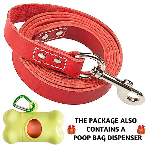 Heavy Duty Leather Dog Leash 6ft - Strong and Soft Leather Leash for Large and Medium Dogs - Dog Training Lead (Red, L - 6 ft x 3/4 inch)