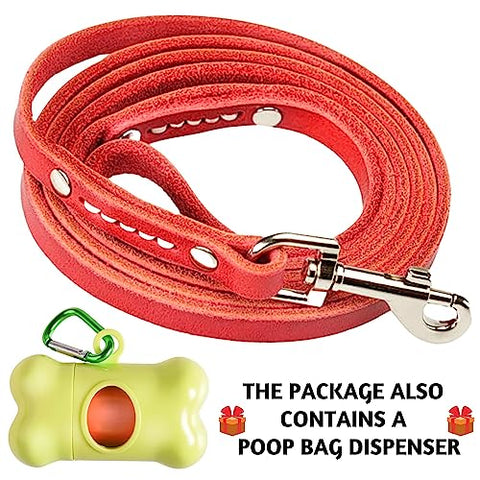 ADITYNA - Premium Leather Dog Leash - 6 ft, Heavy-Duty, Soft & Strong for Small/Medium Dogs (Small: 6 ft x 1/2", Red)