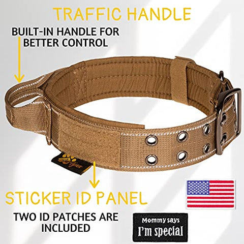 Dog Collar with Handle - Dog Collar for Extra-Large Dogs - Tactical Dog Collar with Patch Area and Two Patches Included (XL, Brown)