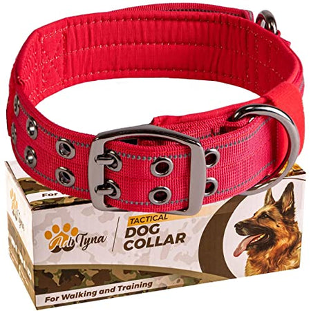 Red Dog Collar for Large Dogs - Tactical Dog Collar with Handle - Heavy-Duty, Reflective, Soft Padded Training Dog Collar