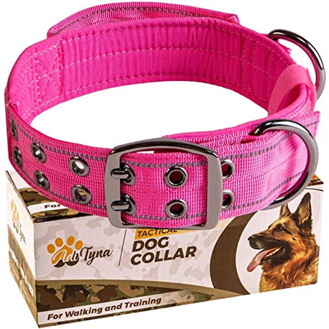 Big Pink Dog Collar for Extra Large Girl Dogs - Tactical Dog Collar with Handle - Heavy-Duty, Reflective, Soft Padded Training Dog Collar