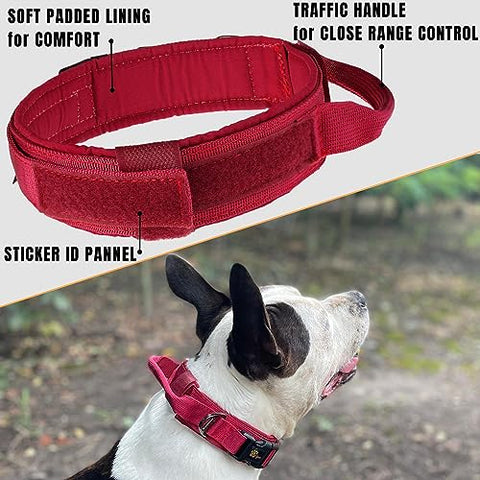 ADITYNA - Tactical Dog Collar for Large Dogs - Soft Padded, Heavy Duty, Adjustable Burgundy Dog Collar with Handle for Training and Walking