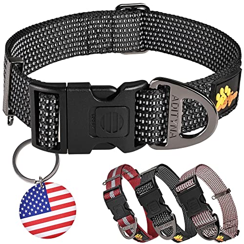 ADITYNA Reflective Dog Collar with Safety Lock Buckle - Dog Tag Engraved with USA Flag