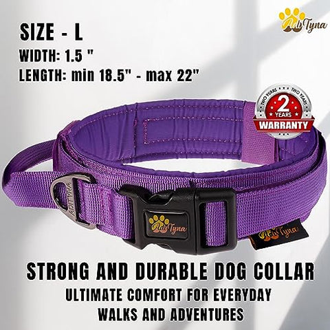 ADITYNA - Tactical Dog Collar for Large Dogs - Soft Padded, Heavy Duty, Adjustable Purple Dog Collar with Handle for Training and Walking