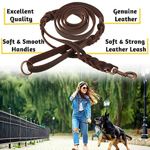 Braided Leather Dog Leash 6 ft x 5/8" - Soft and Strong Leather Dog Leash for Medium Dogs (Double Handle 6 Foot x 5/8"", Brown)