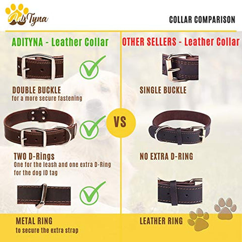 ADITYNA Leather Dog Collar for Large Dogs - Heavy Duty Wide Dog Collars (L: 1,2" Width / 17"- 23" Length, Brown)