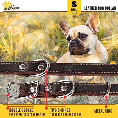 Leather Dog Collar for Puppy and Small Dogs - Heavy Duty Wide Dog Collars (S: ¾ Width / 10"- 14,5" Length, Brown)