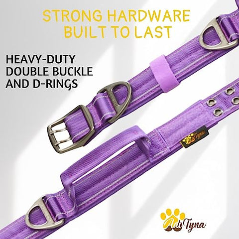 ADITYNA - Heavy-Duty Dog Collar with Handle - Reflective Purple Dog Collar for Large Dogs - Wide, Thick, Tactical, Soft Padded (Large: Fit 18-23" Neck, Purple)