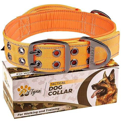 ADITYNA - Heavy-Duty Dog Collar with Handle - Reflective Gray Dog Collar for Large Dogs - Wide, Thick, Tactical, Soft Padded (Large: Fit 18-23" Neck, Orange)