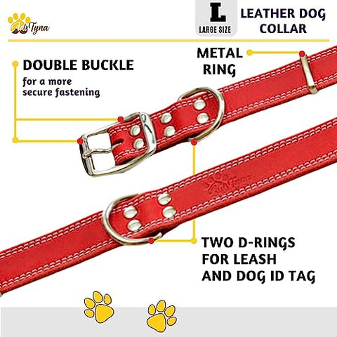 Heavy Duty Red Leather Dog Collar - Soft and Strong Dog Collar for Large Dogs
