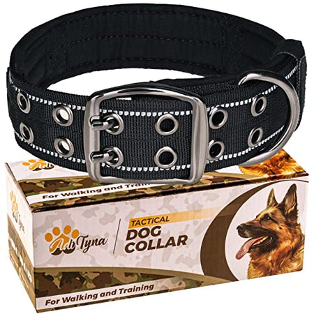 ADITYNA Tactical Dog Collar with Handle for Training and Walking, Heavy-Duty and Adjustable, Extra Wide with Reflective Stitching