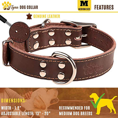 ADITYNA Leather Dog Collar for Medium Dogs - Heavy Duty Wide Dog Collars (M: 1,2" Width / 13"- 20" Length, Brown)