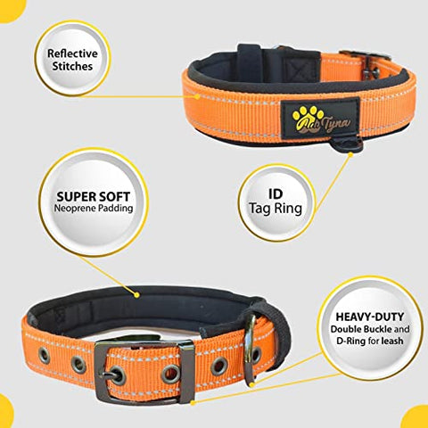 Adityna - Dog Collar for Large Dogs - Heavy Duty Orange Dog Collar for Large Breeds - Reflective Threads and Soft Padding (Large, Orange)