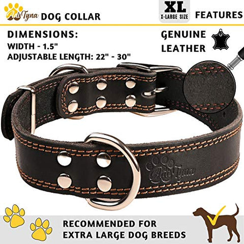 Leather Dog Collar for Extra-Large Dogs - Heavy Duty Wide Dog Collars (XL: 1,5" Width / 22"- 30" Length, Black)