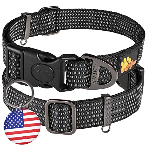ADITYNA Reflective Dog Collar with Safety Lock Buckle - Dog Tag Engraved with USA Flag