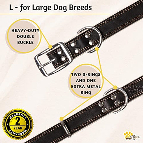 ADITYNA Premium Leather Dog Collar for Large Dogs - Padded with 100% Genuine Leather - Soft and Strong Black Dog Collars (Black, L)