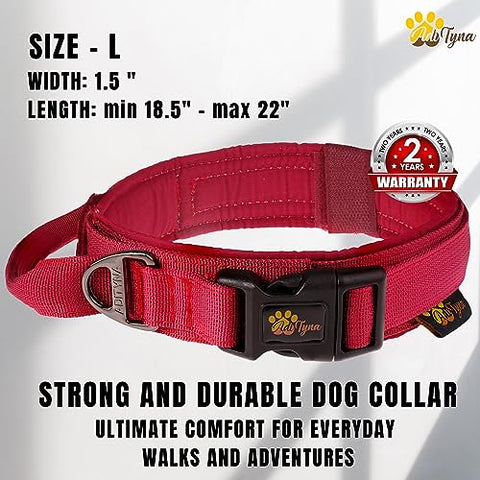 ADITYNA - Tactical Dog Collar for Large Dogs - Soft Padded, Heavy Duty, Adjustable Burgundy Dog Collar with Handle for Training and Walking