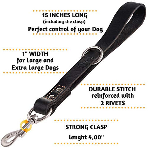 ADITYNA Short Dog Leash 15" Length x 1" Wide - Traffic Leather Dog Leash for Large and Extra-Large Dogs