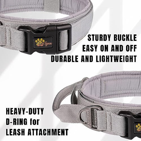 ADITYNA - Tactical Dog Collar for Large Dogs - Soft Padded, Heavy Duty, Adjustable Gray Dog Collar with Handle for Training and Walking