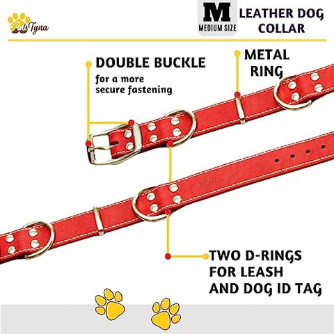 ADITYNA Heavy Duty Leather Dog Collar - Soft and Strong Red Dog Collar for Medium Dogs (Medium: Fit 13" - 20" Neck, Red)