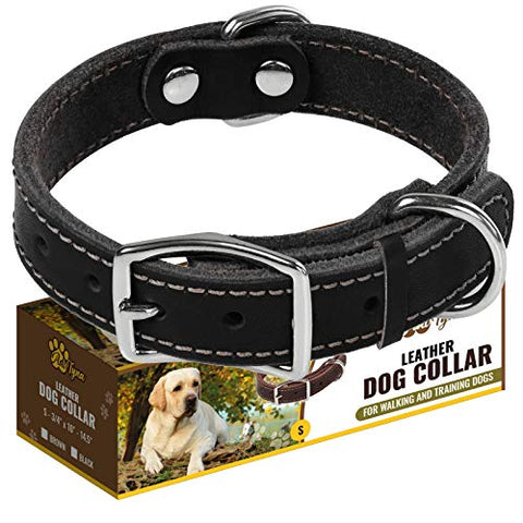 ADITYNA Leather Dog Collar for Puppy and Small Dogs - Heavy Duty Dog Collars (S: ¾ Width / 10"- 14,5" Length, Black)
