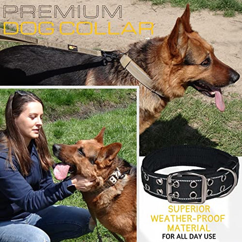ADITYNA Tactical Dog Collar with Handle for Training and Walking, Heavy-Duty and Adjustable, Extra Wide with Reflective Stitching