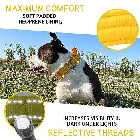 ADITYNA - Heavy-Duty Dog Collar with Handle - Reflective Yellow Dog Collar for Large Dogs - Wide, Thick, Tactical, Soft Padded