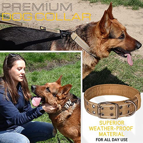 Dog Collar with Handle - Heavy Duty Dog Collar for Large Dogs - Tactical Dog Collar with Patch Area and Two Patches Included (L, Brown)