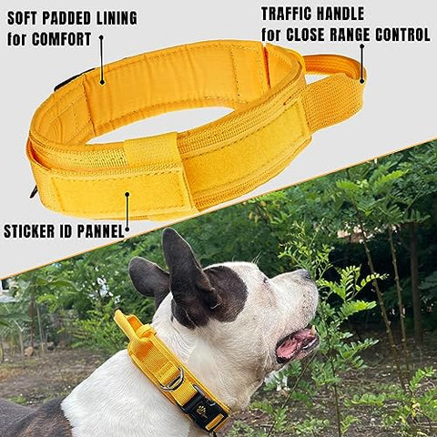 ADITYNA - Tactical Dog Collar for Large Dogs - Soft Padded, Heavy Duty, Adjustable Yellow Dog Collar with Handle for Training and Walking