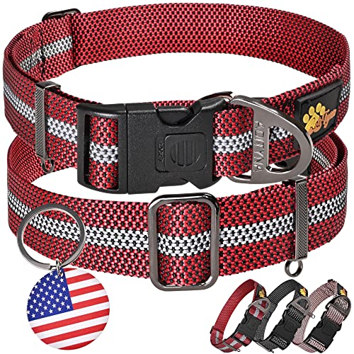ADITYNA Reflective Dog Collar with Safety Lock Buckle - Dog Tag Engraved with USA Flag