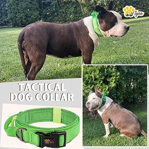 ADITYNA - Tactical Dog Collar for Large Dogs - Soft Padded, Heavy Duty, Adjustable Green Dog Collar with Handle for Training and Walking