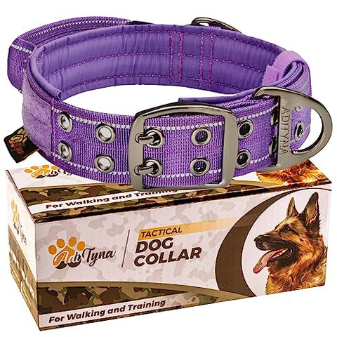 ADITYNA - Heavy-Duty Dog Collar with Handle - Reflective Purple Dog Collar for Large Dogs - Wide, Thick, Tactical, Soft Padded (Large: Fit 18-23" Neck, Purple)