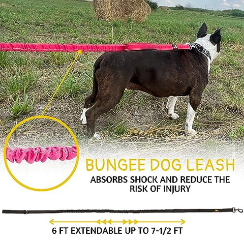 Heavy Duty Bungee Dog Leash 6 ft - 7.5 ft for Large and Medium Dogs | No Pull, Reflective, Tactical Dog Leash | Soft Neoprene Padded Double Handle (Pink)