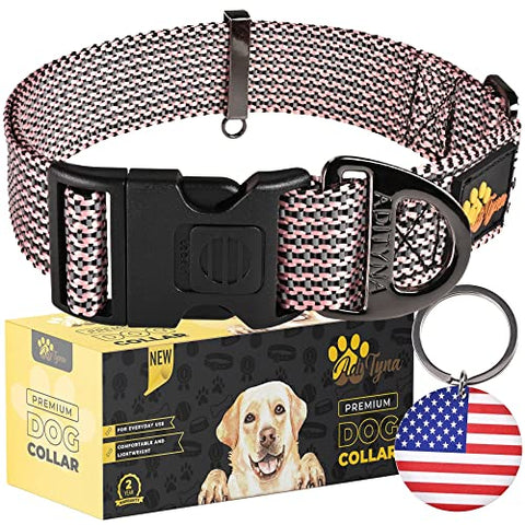 ADITYNA Reflective Dog Collar with Safety Lock Buckle - Dog Tag Engraved with USA Flag