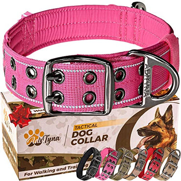 ADITYNA Heavy Duty Dog Collar with Handle - Reflective Pink Dog Collar for Medium Girl Dogs - Wide, Thick, Tactical, Soft Padded - Perfect Dog Collar for Training, Walking, or Hunting