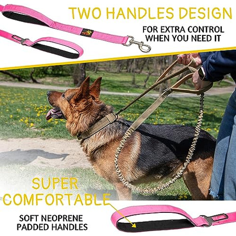 Heavy Duty Bungee Dog Leash 6 ft - 7.5 ft for Large and Medium Dogs | No Pull, Reflective, Tactical Dog Leash | Soft Neoprene Padded Double Handle (Pink)