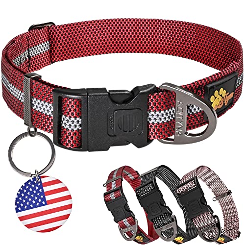 ADITYNA Reflective Dog Collar with Safety Lock Buckle - Dog Tag Engraved with USA Flag