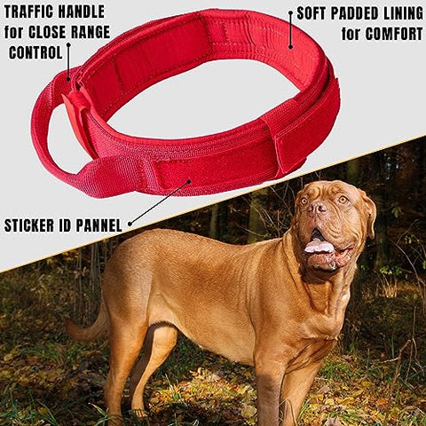 ADITYNA - Tactical XXL Dog Collar for Extra-Large Dogs - Soft Padded, Heavy Duty, Adjustable Big Dog Collar with Handle for Training and Walking (XXL: Fit 25-32" Neck, Red)