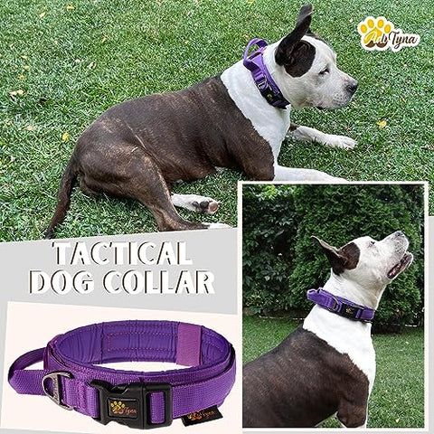 ADITYNA - Tactical Dog Collar for Large Dogs - Soft Padded, Heavy Duty, Adjustable Purple Dog Collar with Handle for Training and Walking